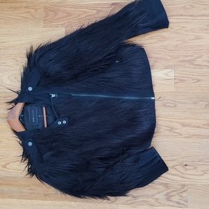 BCBG fur overlay moto jacket black women's L